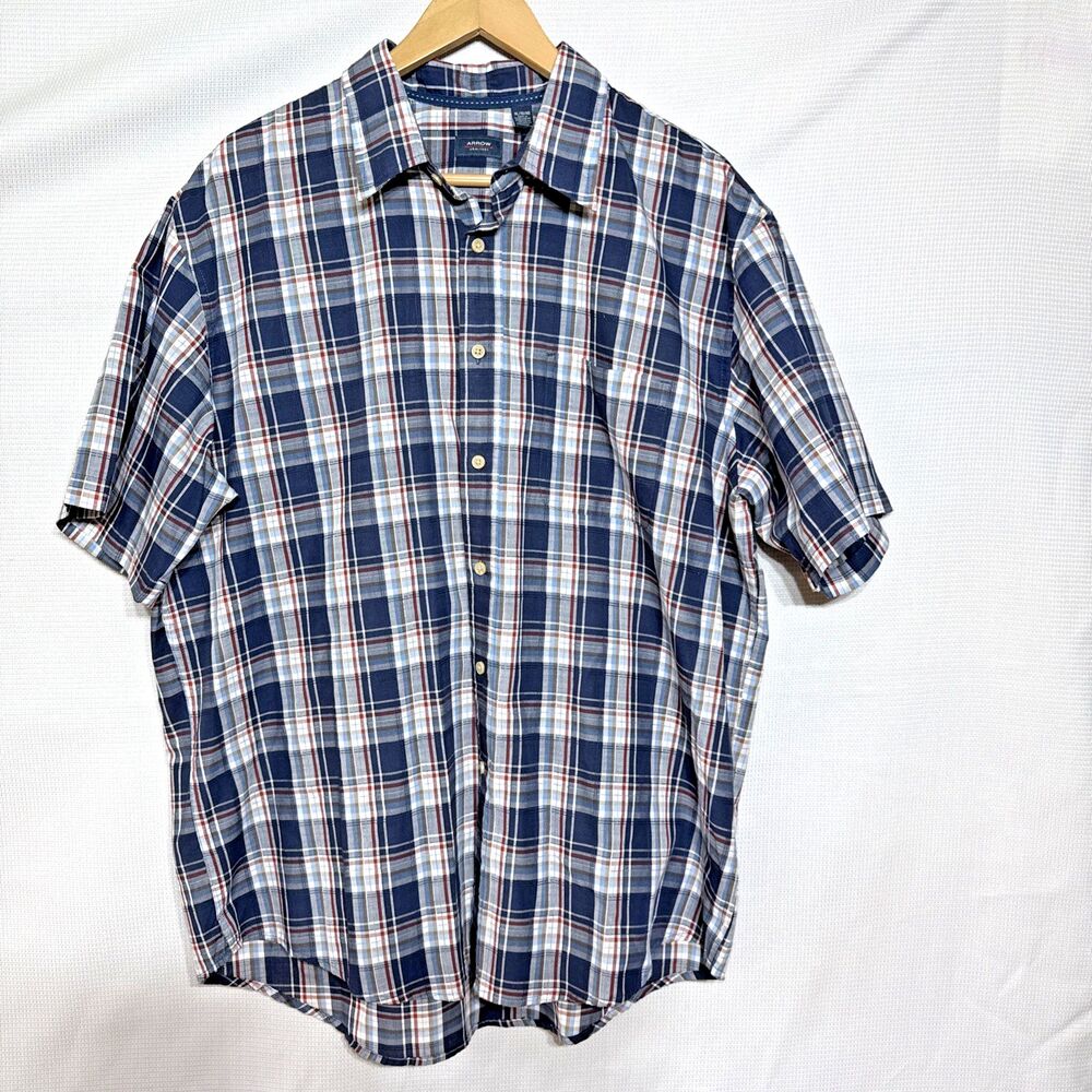 Arrow Shirt Mens XL Button Down Plaid (Blue Red Brown White) Casual Short Sleeve